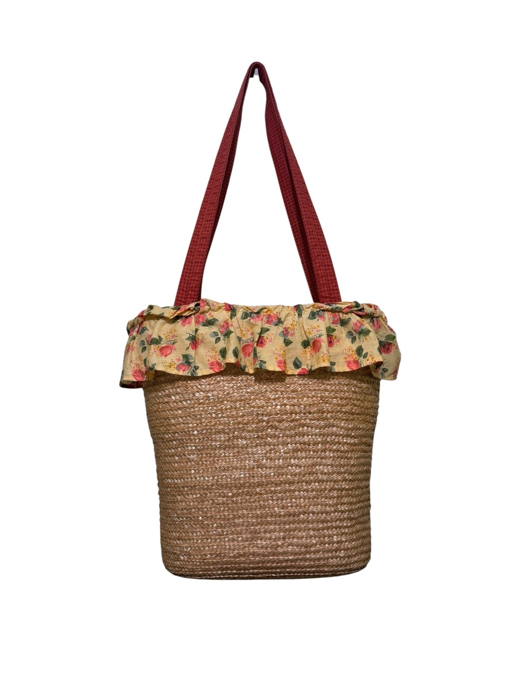 Floral-Ruffle Straw Tote with‎ Red Shoulder Straps